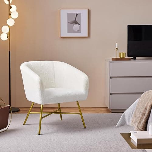 Yaheetech Boucle Tub Chair, Upholstered Vanity Chair with Round Back, White | Modern Armchair with Integrated Backrest and Armrests, Thick Padded Seat and Adjustable Foot Pads for Living Room Bedroom thumbnail 7