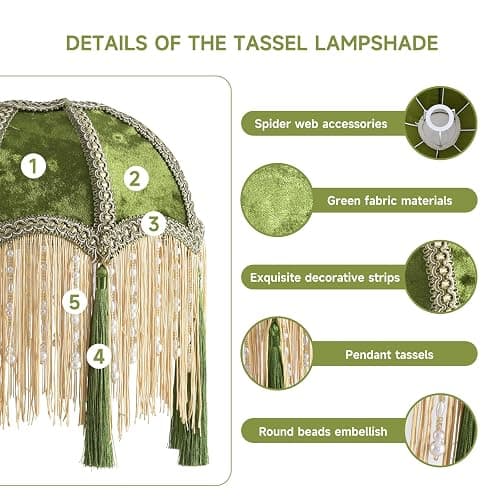xiaojuande-Lampshade with tassels, Premium Classic Victorian, Style Bell Shape Scallop velvet top replacement lamp,9.8“Width 11.3”height(olive green) thumbnail 6