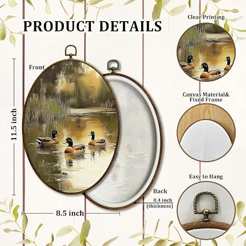 JQF Vintage Mallard Duck Oval Wall Decor, Rustic Farmhouse Oval Canvas Wall Art, Cottagecore Country Duck in Pond Framed Prints Hanging Decor for Home Bedroom Living Room, 8.5x11.5 Inch thumbnail 7