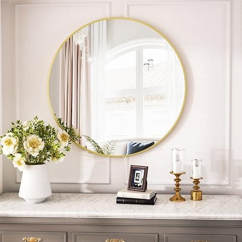 VooBang Gold Round Bathroom Mirror, 28 inch Circle Wall Mounted Hanging Mirror with Simple Modern Circular Metal Frame for Hallway, Entryway, Living Room, Gold Frame thumbnail 8
