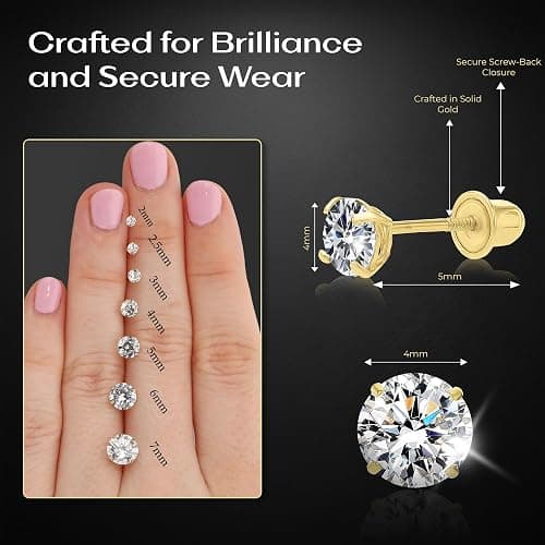 Art and Molly 14K Solitaire Gold Earring Solid 14-Karat Round Cubic Zirconia Stud Earrings with Screw-Back, CZ Studs with Gift-Ready Box thumbnail 2