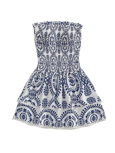 MakeMeChic Women's Summer Ruffle Dress Strapless Mini Dress Shirred Beach Vacation Dresses - Image 1