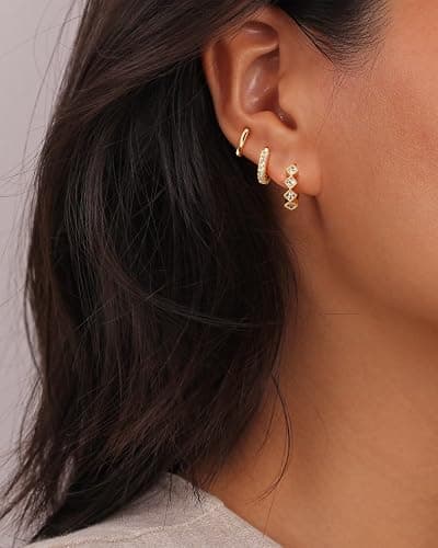 Rotnso Gold Hoop Earrings Set for Women Trendy, 14K Gold Plated Chunky Hypoallergenic Small Diamond Cartilage Hoops Cute Cubic Zirconia Dangle Stud Earrings Jewelry Gifts thumbnail 2