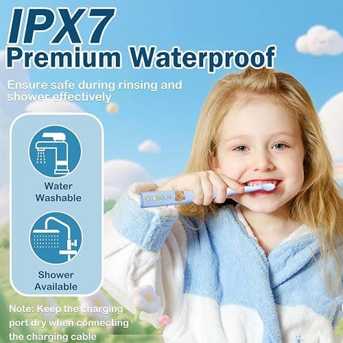 Huedbeads Kids Electric Toothbrush, Sonic Rechargeable Toothbrush with 6 Replacement Heads, Soft Bristle, IPX7 Waterproof, LED Display, Oral Care for Toddlers & Children Aged 2+ Years(Blue) thumbnail 3