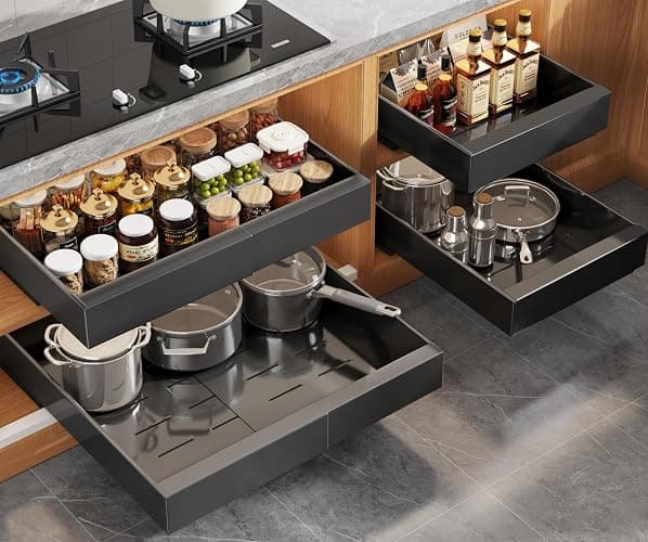 Seinloes 4 Pack Expandable Pull Out Cabinet Organizer 21"Deep With Raising Pad for Framed Cabinets,Upgrade 3 Slide Rails Slide Out Drawers,No Drill Roll Out Shelves,Adjustable Width 12.1"-20.4" Black - Image 1