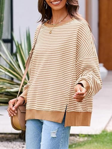 Fisoew Women's Fall Oversized Sweatshirt Casual Waffle Knit Long Sleeve Crewneck Split Pullover Tunic Tops thumbnail 3