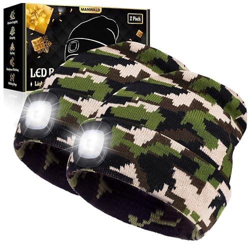 MANWALD LED Beanie Hat with Light, USB Rechargeable LED Headlamp, Christmas Stocking Stuffers for Men Adults, Gifts for Men Him Husband, Camouflage, 2PCS - Image 1