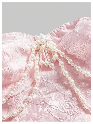 SHENHE Women's Strapless Corset Bustier Pearl Smocked Lace Trim Going Out Crop Top Tube Corset thumbnail 3