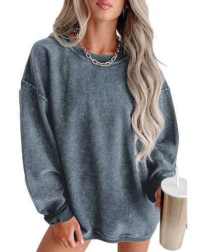 SELINK Womens Crewneck Oversized Corduroy Corded Sweatshirt Long Sleeve Casual Pullover Tops - Image 1