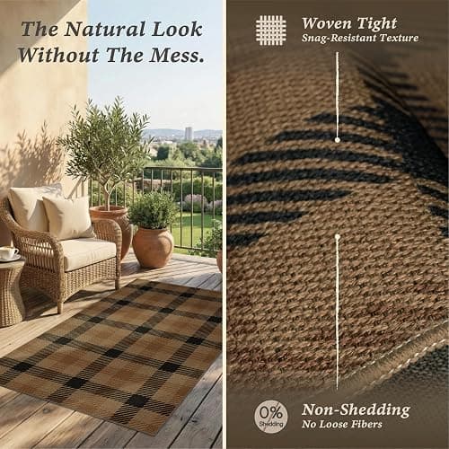 Easy Jute Brown Checkered 3x5 Entryway Rugs - Dark Plaid Rug Indoor Door Mats for Entrance, Front Porch, Outdoor Balcony, Kitchen Floor, Washable Non Slip Earthy Rustic Neutral Décor thumbnail 4