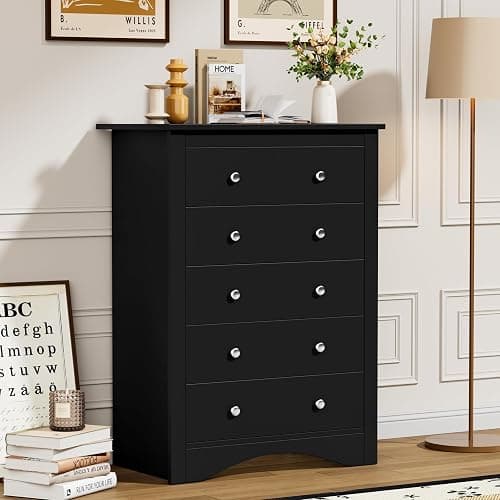 Flamaker Tall Dresser for Bedroom, 5 Drawer Dresser, Wood Dressers, Wide Chest of Drawer, Storage Drawers, Storage Organizer for Closet, Hallway (Black) thumbnail 5