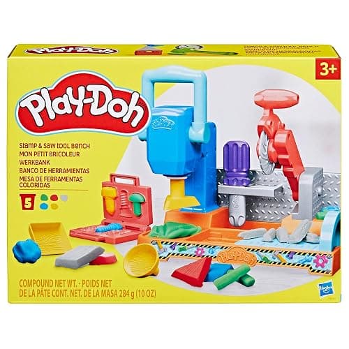 Play-Doh Werkbank Spielset, 5 x 56 g Dosen Modelliermasse in bunten Farben, mit Kreissäge-Spielzeug, Werkzeug und Stempel, kreatives für Kinder ab 3 Jahren - Werkzeugbank thumbnail 3