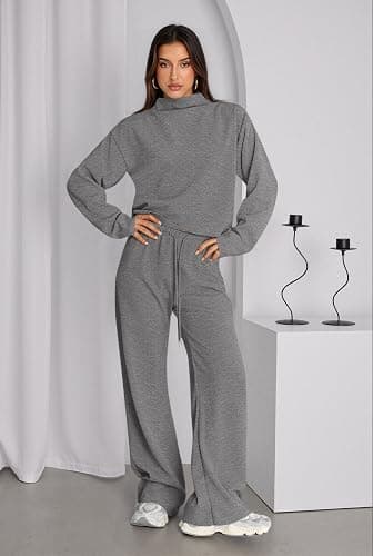 PRETTYGARDEN Women Fall Sweatsuits Two Piece Sets Mock Neck Long Sleeve Knit Tops Wide Leg Pants Lounge Set Travel Outfits thumbnail 3