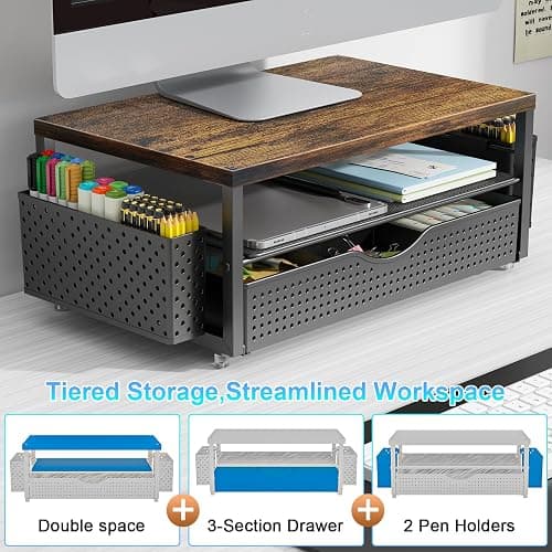 gianotter Wood Monitor Stand Riser, Office Desk Shelf Organizer, Desk Organizer with Drawer and Pen Holder, 2-Tier Computer Stand, Office Organization (Wood) thumbnail 6