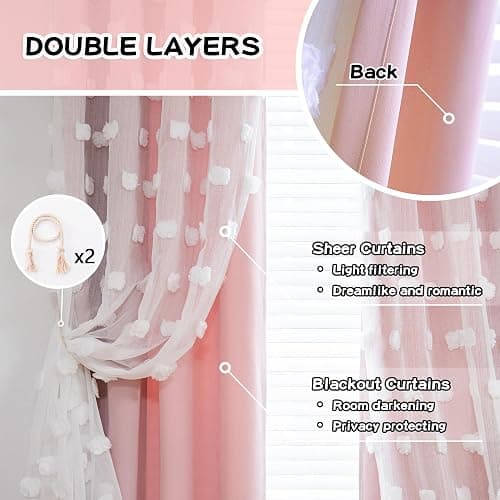 MYSKY HOME Pink Curtains for Girls Bedroom 84 Inches Long Blackout Nursery Curtains Double Layer Pom Pom Sheer Overlay Kids Toddler Room Decor Grommet Privacy Room Darkening Window Drapes 52 x 84 Inch thumbnail 4