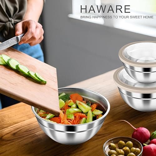 HaWare Mixing Bowls with Clear Airtight Lids, Stainless Steel Nesting Bowls | 6-Piece Metal Salad Bowl for Cooking, Prepping, Baking, Serving & Food Storage, Size 4.6, 3, 1.5QT, Khaki thumbnail 2