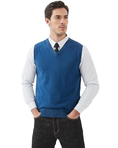 Kallspin Men's Pure Cotton Sweater Vest V Neck Regular Fit Knit Sleeveless Pullover Sweater thumbnail 7