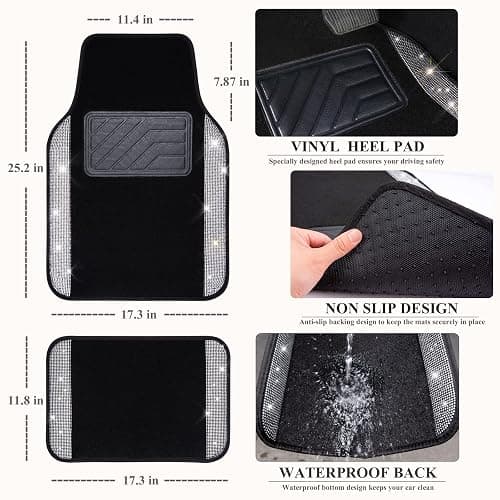 CAR PASS Bling Diamond Car Floor Mats, Shining Rhinestone Carpet Sparkly Glitter Crystal with Anti-Slip PVC Heel Pad Waterproof Universal Fit Automotive SUV,Sedan,Van,Cute Girl Women,4pcs Black Sliver thumbnail 4