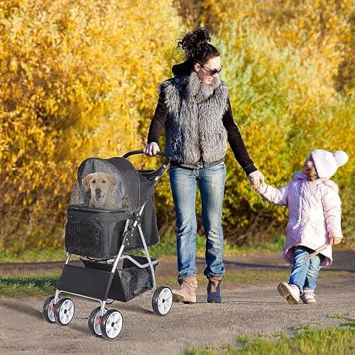 ZENY Foldable Pet Stroller, Cat/Dog Stroller with 4 Wheel, Pet Travel Carrier Strolling Cart with Storage Basket, Cup Holder (Black) thumbnail 2