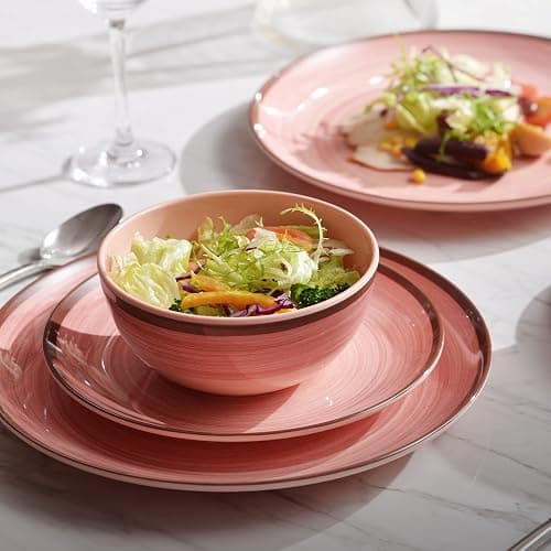 12Pcs Melamine Dinnerware Set, Plates And Bowls Sets for 4, Pink Color Dinnerware Sets, Melamine Plates Bowls Indoor and Outdoor Use Dish Set Dishwasher Safe BPA Free(Pink) thumbnail 5