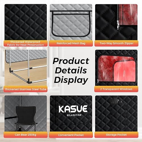 KASUE Upgraded 2 Person Sauna, Portable Infrared Sauna with 5-Layer Waterproof, 2 Steamers, 2 Folding Chair, 71”x 36”x 49” for Indoor, Outdoor, Gym, Spa, Carbon Black thumbnail 8