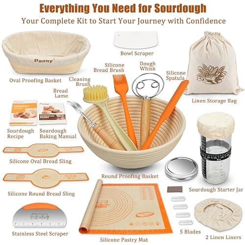 Panny Sourdough Starter Kit, Banneton Bread Proofing Basket with Glass Sour Dough Starter Jar, Sourdough Bread Baking Supplies, Making Tools, 9" Round & 10" Oval Baskets, Christmas Gift for Men Women thumbnail 3