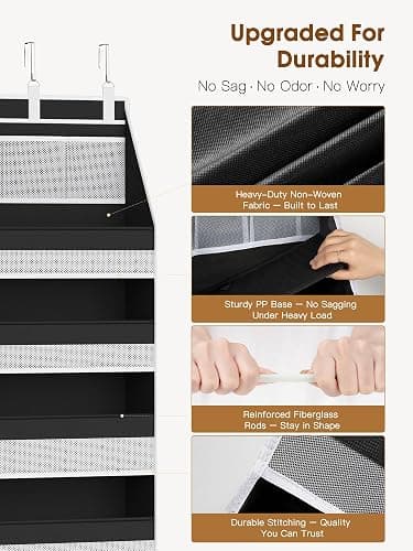 Criusia Over the Door Organizer, Heavy-Duty 6-Shelf Hanging Storage with 13 Mesh Pockets, 55lbs Capacity Behind the Door Storage for Nursery, Bathroom, Bedroom, and Dorm, Black thumbnail 4