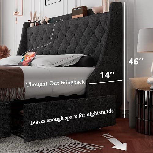 iPormis Queen Bed Frame with 4 Storage Drawers, Upholstered Platform Bed Frame with Type-C & USB Ports, Wingback Storage Headboard, Solid Wood Slats, No Box Spring Needed, Dark Gray thumbnail 6