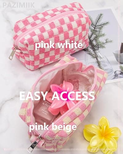 PAZIMIIK Checkered Makeup Bag for Purse Portable Zipper Make Up Pouch Small Cosmetic Case for Travel Accessories Pink Beige thumbnail 7