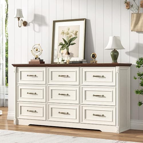 Farmhouse Wood 9 Drawer Dresser for Bedroom,Embossed Roman Column Wood Rustic 63 Inch Wide Dresser & Chest of Drawers with Rustic Handles,Tall Storage Organizer for Bedroom(Antique White) thumbnail 3