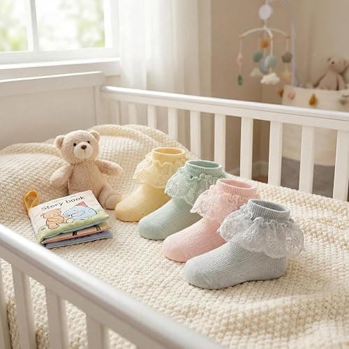 VINIKNIKA 6 Pairs Baby Girls Socks - Newborn Ruffle Lace Princess Frilly Knit Cotton Socks thumbnail 3