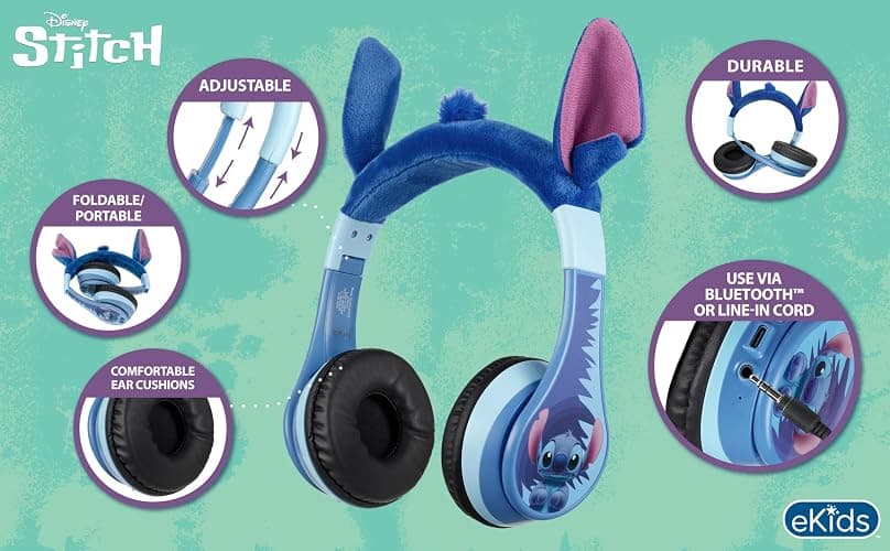 eKids Disney Stitch Bluetooth Headphones, Wireless Headphones with Microphone Includes Aux Cord, Volume Reduced Kids Foldable Earphones for School, Home, or Travel thumbnail 2