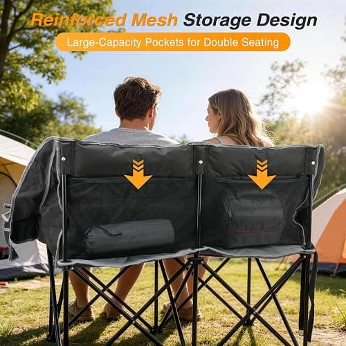 Suteck Double Camping Chair, 660lbs Oversized Camping Couch w/Independent Seats, Folding Camping Loveseat w/2 Cup & Wine Glass Holders, 1200D Oxford, Side Pocket & Carry Bag, for Camping, Lawn, Patio thumbnail 6