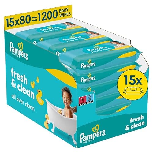 Pampers Fresh Clean Feuchttücher 15 Packungen mit 80 Stück, 1200 Feuchttücher, milder Duft, auch für Hände und Gesicht geeignet - Image 1