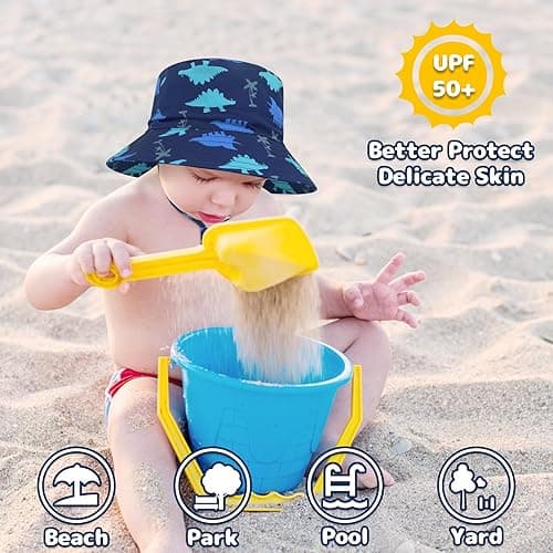 Baby Sun Hat Baby Boy Hats Toddler Hat UPF 50+ Bucket Hat for Baby Girls Infant Beach Hat with Wide Brim Kids Caps - 0-6 Months - Navy With Green Blue Dinosaurs thumbnail 3