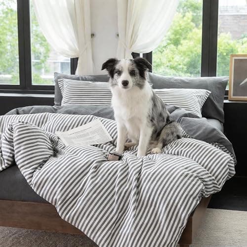 Warm Moment 3Pcs Reversible Grey White Medium Striped King Duvet Cover Set | Solid Grey Reverse,Linen Feel,Washed Cotton,1 Duvet Cover & 2 Pillow Shams,Hidden Zipper,Soft Breathable8 Corner Ties thumbnail 5