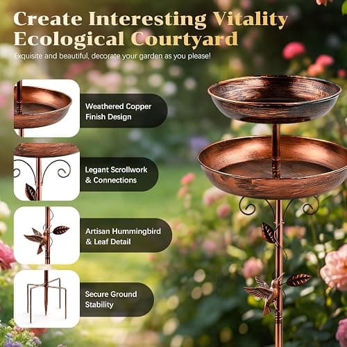 Metal Bird Bath for Outside, 47'' Adjustable Standing Bird Feeder for Outdoors, 2 in 1 Metal Birdbaths & Birdfeeder, Vintage Bird Bath Feeder Bowl, Bird Baths Water Bowl with Stable 5-Pronged Base thumbnail 4