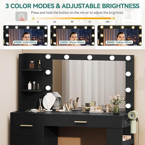 YITAHOME Vanity Desk with Mirror & Lights, Makeup Vanity Table Set with Power Outlet, 4 Drawers, 6 Open Shelves Above and 3 Adjustable Shelves Below, 3 Lighting Modes Dressing Table Black thumbnail 5