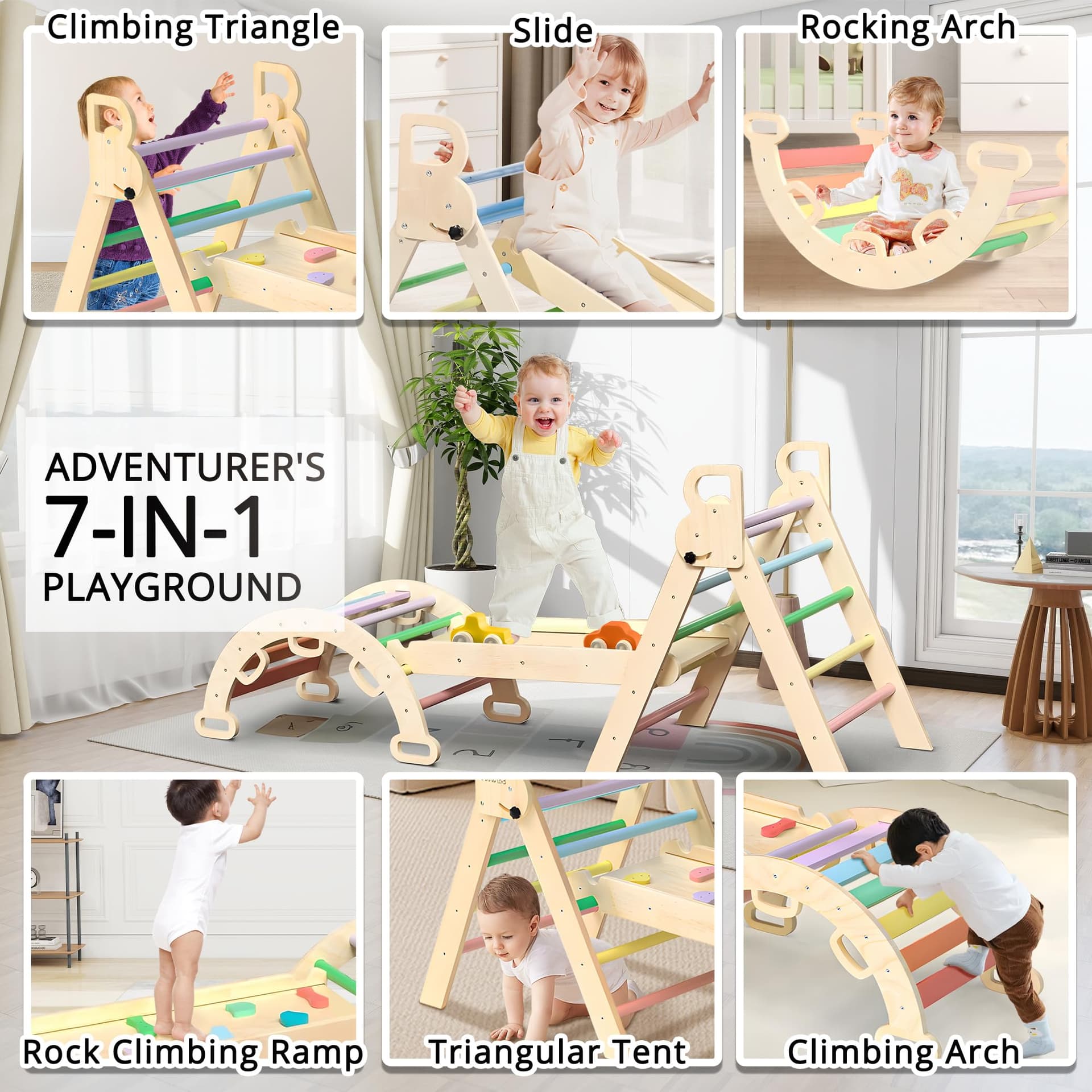 Kids Triangle Climbing Toys Set 7 in 1 Foldable Toddler Wooden Climbing Toys with Arch Ramp Ladder Baby Climber Indoor Jungle Gyms for Toddlers - Rainbow thumbnail 3