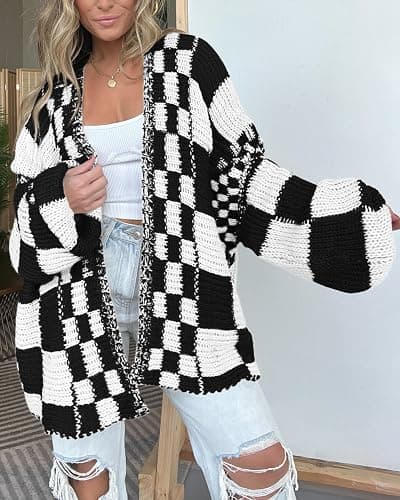 BTFBM Casual Cardigan Sweater for Women Fall 2025 Long Sleeve Open Front Chunky Knit Sweaters Checkered Outwear Coat thumbnail 3