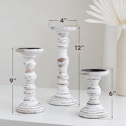 Large Candle Holders for Pillar Candles - Rustic Farmhouse Style Home Decor - Perfect for Table Centerpieces, Coffee Table or Fireplace Mantel - 3 Piece Set - White thumbnail 2