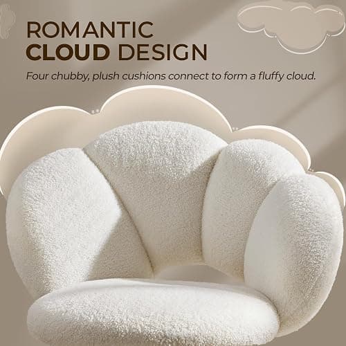 Yaheetech Boucle Upholstered Desk Makeup Vanity Chair with Wheels Swivel Cloud-shaped Accent Chair with Adjustable Height for Home Office Living Room, Bedroom Women White thumbnail 4