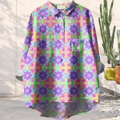 YABTF Womens 3/4 Sleeve T Shirts Geometric Whimsical Print Shirt Dressy Casual Half Button Collar Tunics Fall Top with Pocket thumbnail 2