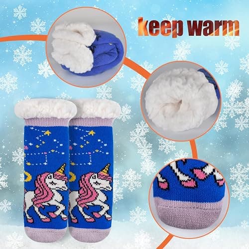 FENELY 3 Pairs Winter Kids Fuzzy Slipper Socks 2-4/4-6/6-8 Girls Boys Thermal Warm Non-Skid，Gifts for Christmas Stocking thumbnail 3