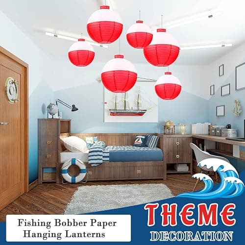 Set of 12 Fishing Bobber Round Paper Hanging Lanterns Fishing Birthday Decorations Hanging Paper Lanterns for Fishermen Theme Party Decoration Supplies, 12 Inches, 8 Inches (Red and White) thumbnail 5