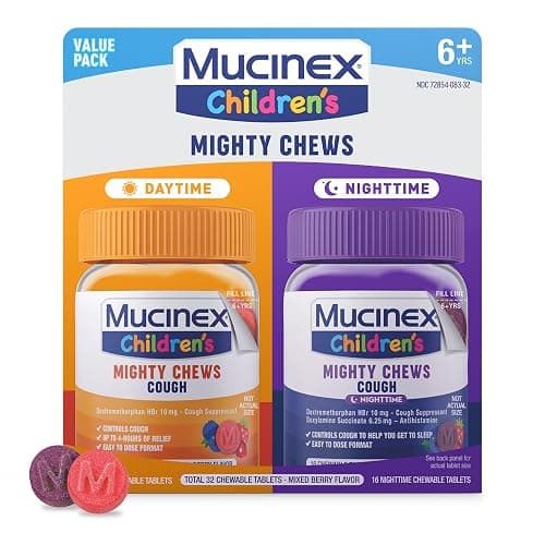 Mucinex Children's Mighty Chews Kids Cough Medicine Daytime And Nighttime Value Pack, Easy to Dose Cough Suppressant For Kids with Dextromethorphan, Mixed Berry Flavor, 32 Medicated Chewable Tablets - Image 1