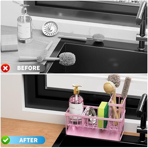 Cisily Pink Kitchen Sink Caddy Organzier with High Brush Holder, Sponge Holder for Sink, 304 Rustproof Stainless, Kitchen Countertop Soap Dispenser Organizer thumbnail 6