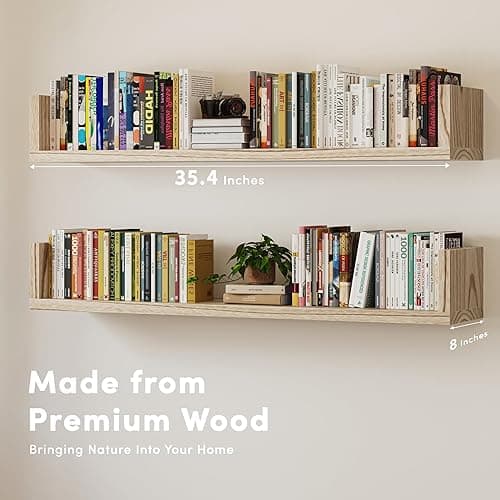 Wall Bookshelf, Set of 3, 36 Inches U Shaped Wall Shelves, Long Deep Floating Shelves for Wall, Large Floating Book Shelves - Wood Hanging Bookshelves for Kitchen, Bedroom (Light Brown, 36 Inches) - Light Brown - 36 Inches thumbnail 5