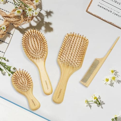 DEBETOOL Bamboo Hair Brush and Comb Set for Women Men and Kids,Natural Bamboo wood Wide-tooth brush and tail comb - Paddle Detangling Brush for Wet Dry Curly Hair thumbnail 5
