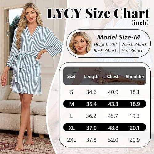 LYCY Robes for Women Striped Short Bathrobe, Soft Lightweight Kimono Robe with Pockets thumbnail 6